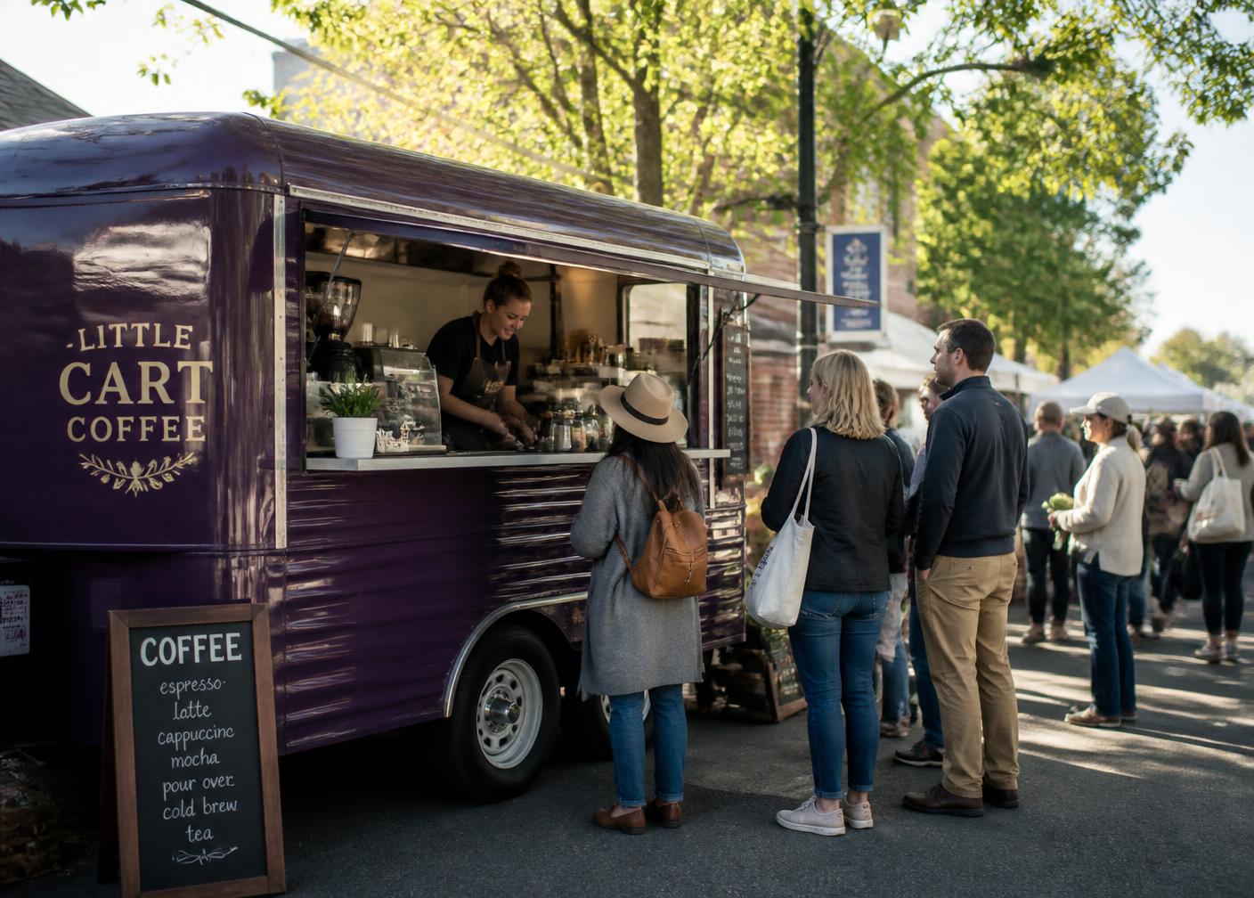 Purple coffee cart serving a line of customers at an outdoor market