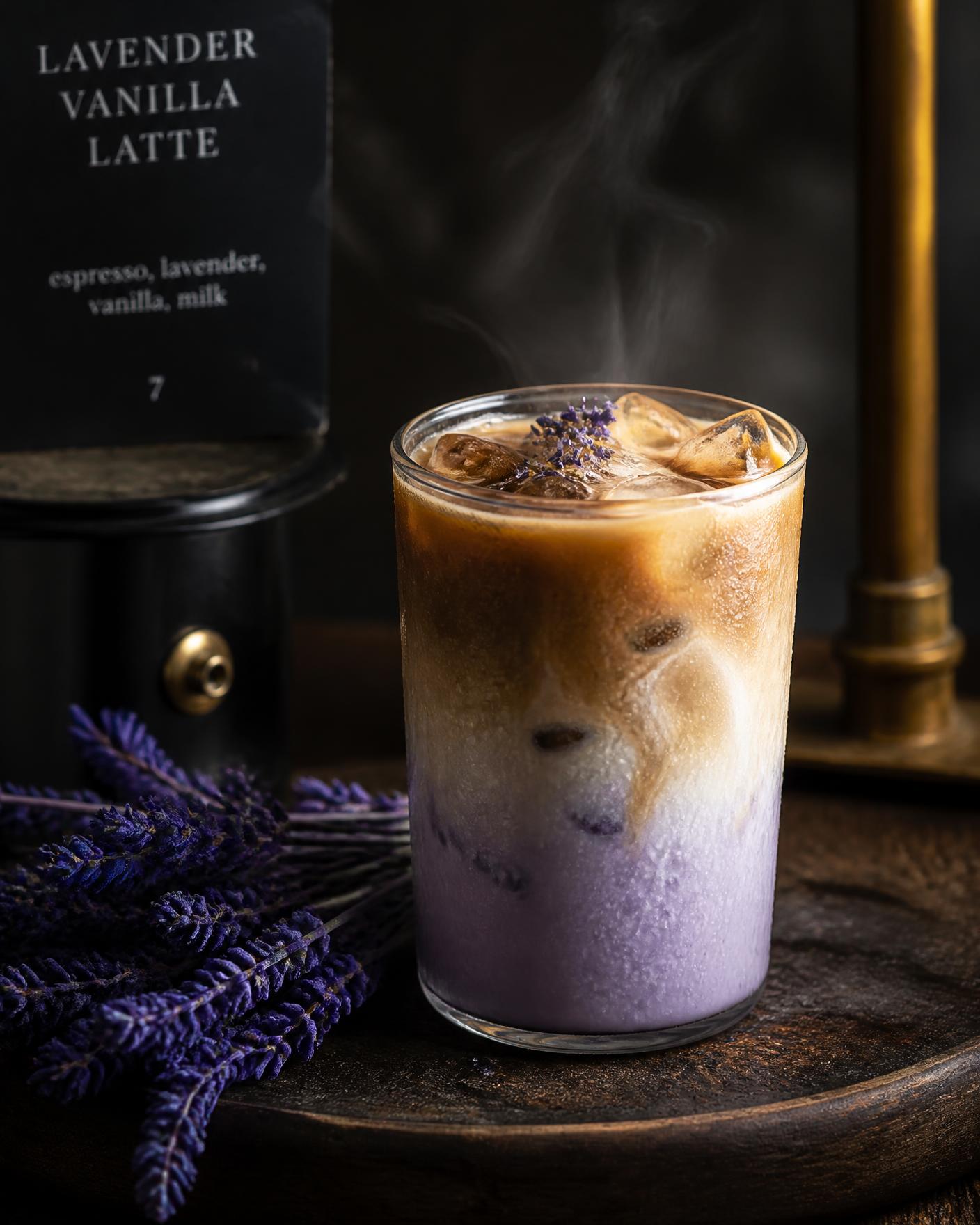 Iced lavender vanilla latte in a glass beside dried lavender sprigs